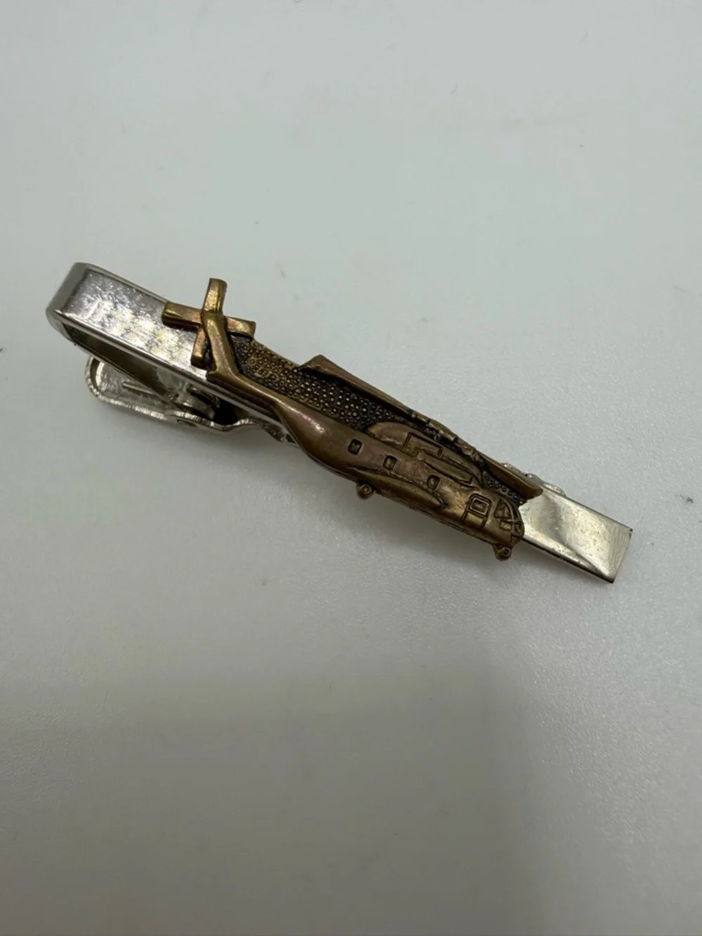 Vintage Helicopter Tie Clip Two Tone Figural Military Aircraft